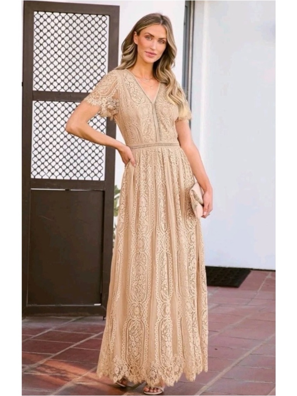 NWT MEROKEETY Women's Cream Floral Lace V-Neck Cream Beige Maxi Dress Size M